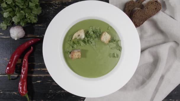 Plate of tasty spinach cream soup on table, top view — Stock Footage Plate Tasty Spinach Cream Soup Table Top View Royalty Free Stock Footage