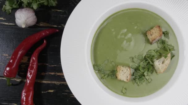 Woman eating tasty spinach cream soup from plate, top view — Stock Footage Woman Eating Tasty Spinach Cream Soup Plate Top View Video Clip