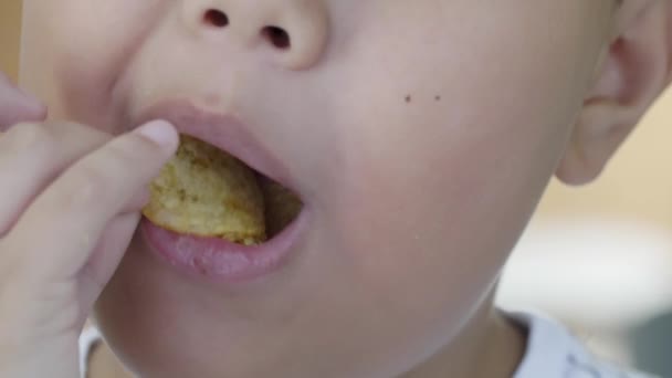 太りすぎの少年はポテトチップスを食べて クローズアップ — ストック動画