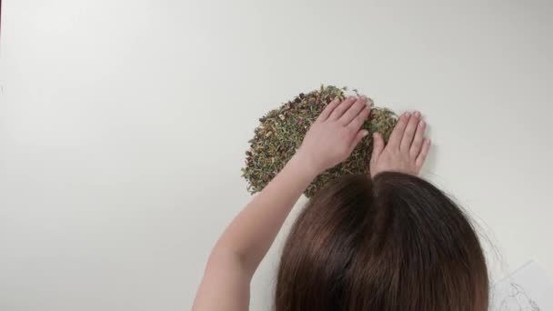 Kobieta Robi Australia Suche Liście Herbaty Białym Tle — Wideo stockowe