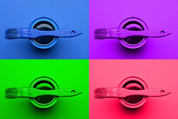 Farbdosen Und Pinsel Auf Farbigem Hintergrund Draufsicht — Stockfoto