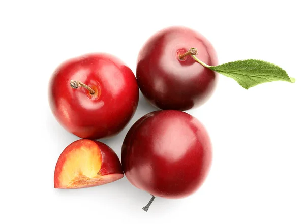 Fresh Ripe Plums Isolated White Background — Stock Photo, Image