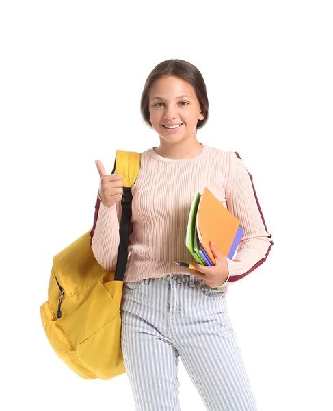 Adolescente Estudante Mostrando Gesto Polegar Para Cima Fundo Branco — Fotografia de Stock