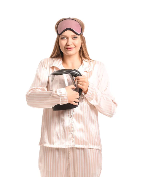 Jonge Vrouw Pyjama Houden Elektrische Waterkoker Witte Achtergrond — Stockfoto