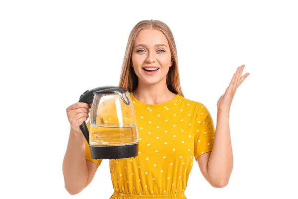 Gelukkig Vrouw Houden Elektrische Waterkoker Witte Achtergrond — Stockfoto