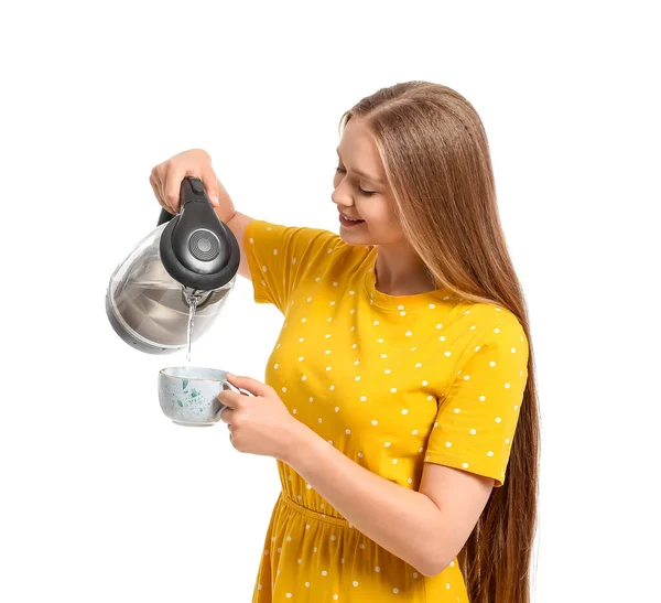 Gelukkig Vrouw Met Elektrische Waterkoker Witte Achtergrond — Stockfoto