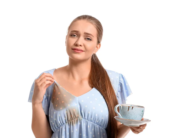 Jonge Vrouw Met Koffie Vlekken Haar Jurk Witte Achtergrond — Stockfoto