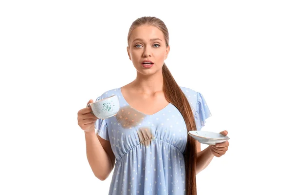 Young Woman Coffee Stains Her Dress White Background — Stock Photo, Image