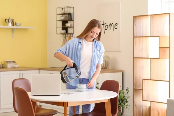 Young Woman Pouring Boiled Water Electric Kettle Cup Kitchen — Stock Photo, Image