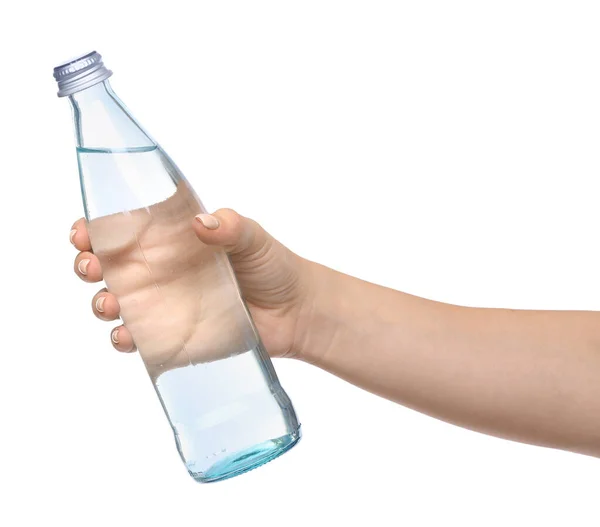 Female Hand Bottle Water White Background — Stock Photo, Image