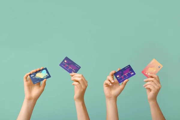 Female Hands Credit Cards Color Background — Stock Photo, Image