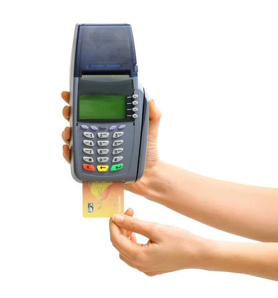 Female Hands Credit Card Payment Terminal White Background — Stock Photo, Image