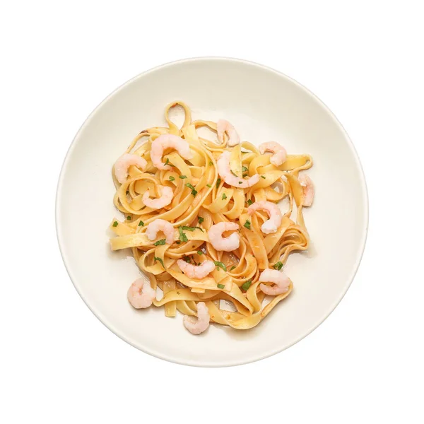 Plate Tasty Pasta Shrimps White Background — Stock Photo, Image