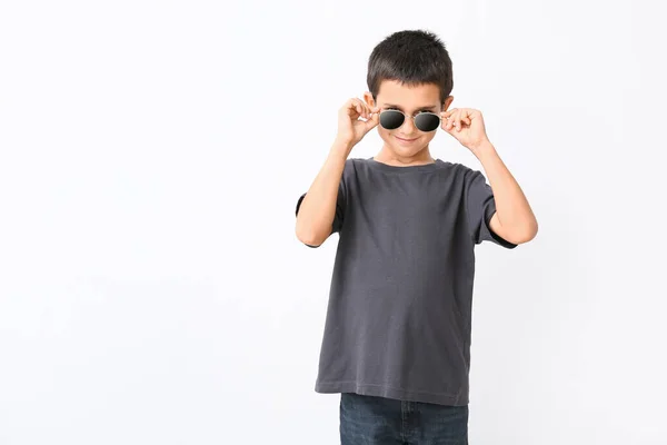 Cute Boy Wearing Stylish Sunglasses White Background — Stock Photo, Image