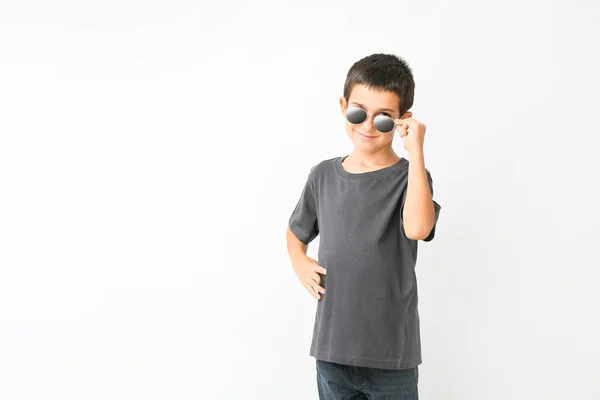 Cute Boy Wearing Stylish Sunglasses White Background — Stock Photo, Image