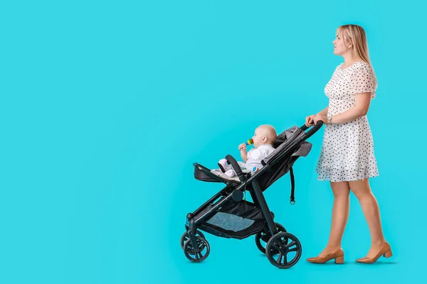 Woman Her Cute Baby Stroller Color Background — Stock Photo, Image