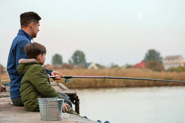 Little Boy His Father Fishing River — Stock Photo, Image