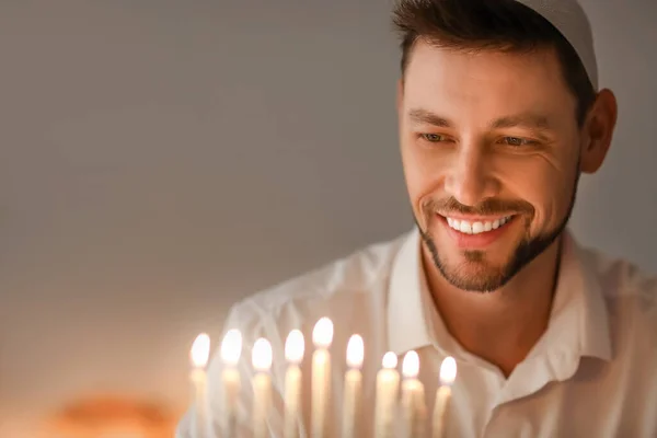 Man Candles Hannukah Home — Stock Photo, Image