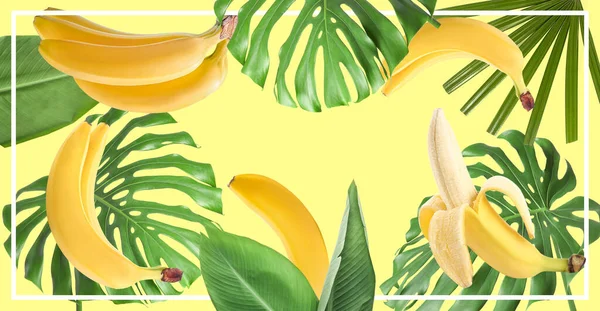 Ripe Bananas Tropical Leaves Yellow Background — Stock Photo, Image