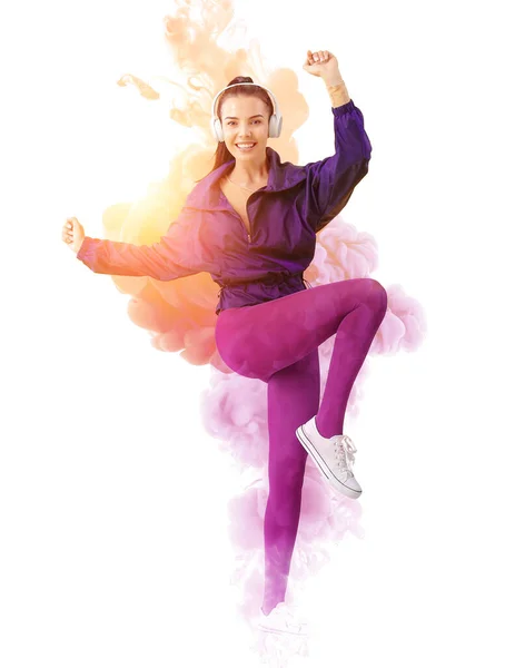 Splash Paint Young Woman Doing Aerobics White Background — Stock Photo, Image