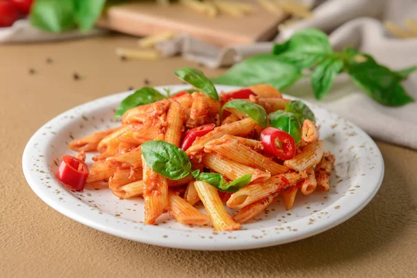 Plate Delicious Penne Pasta Tomato Sauce Table — Stock Photo, Image