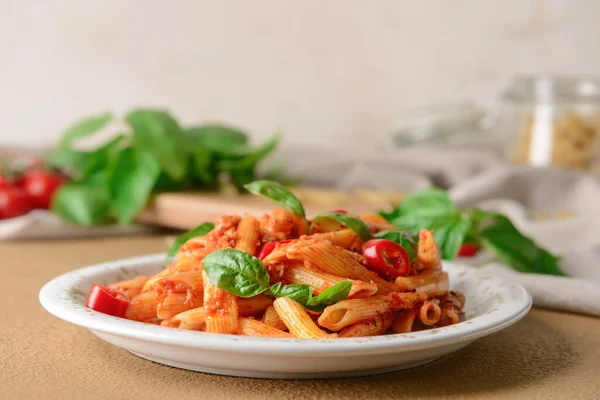 Plate Delicious Penne Pasta Tomato Sauce Table — Stock Photo, Image