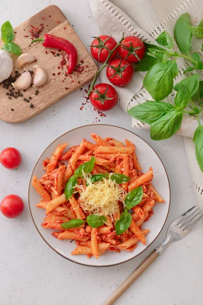 Plate Penne Pasta Tomato Sauce Light Background — Stock Photo, Image