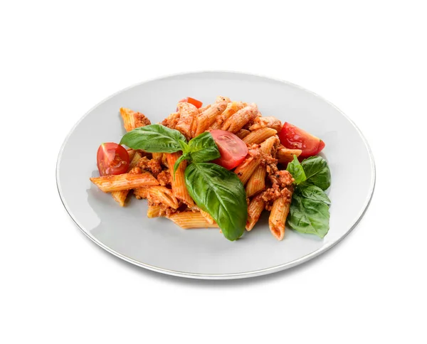 Piatto Penne Con Sugo Pomodoro Fondo Bianco — Foto Stock