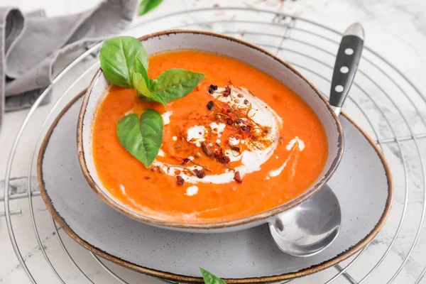 Bowl Tasty Tomato Cream Soup Table — Stock Photo, Image