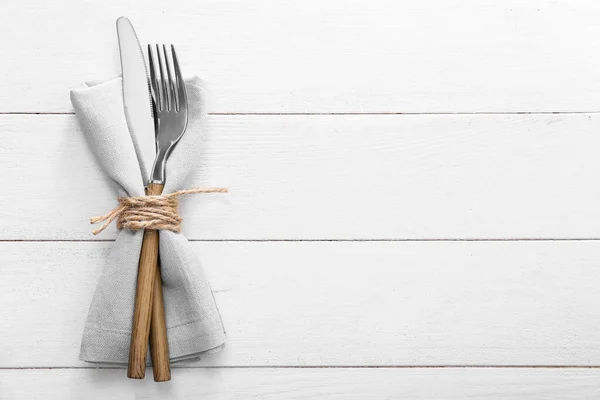 Cutlery Napkin Light Wooden Background — Stock Photo, Image