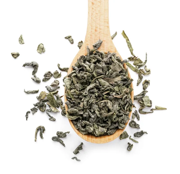 Spoon Dry Green Tea White Background — Stock Photo, Image