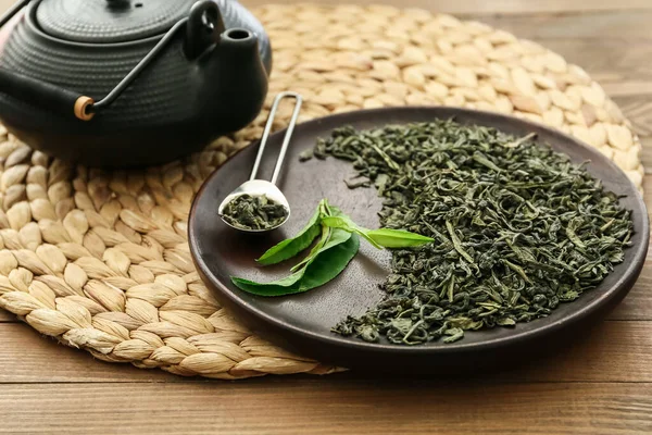Teapot Dry Green Tea Plate Wooden Table — Stock Photo, Image