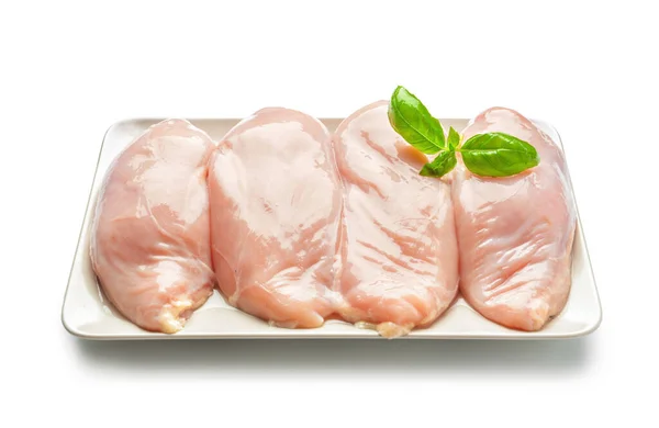 Plate Raw Chicken Fillet Basil White Background — Stock Photo, Image