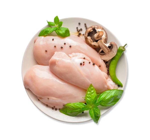 Plate Raw Chicken Fillet Mushrooms Basil White Background — Stock Photo, Image