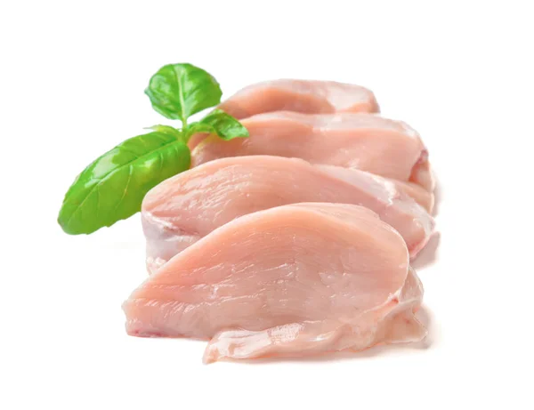Raw Cut Chicken Fillet Basil White Background — Stock Photo, Image