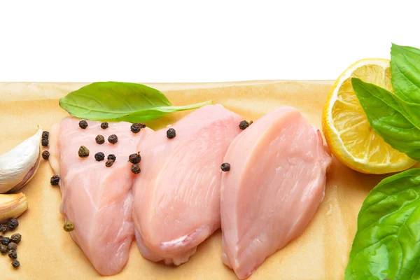 Raw Cut Chicken Fillet Basil Black Pepper White Background — Stock Photo, Image