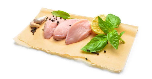 Raw Cut Chicken Fillet Basil Black Pepper White Background — Stock Photo, Image
