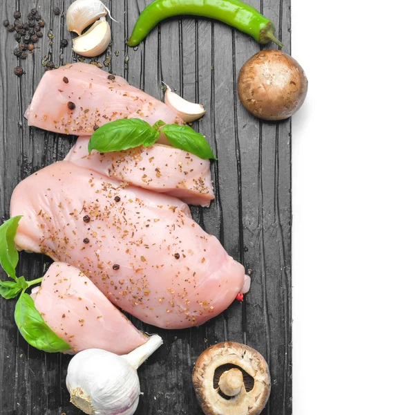 Board Raw Chicken Fillet Basil Mushrooms Spices White Background — Stock Photo, Image