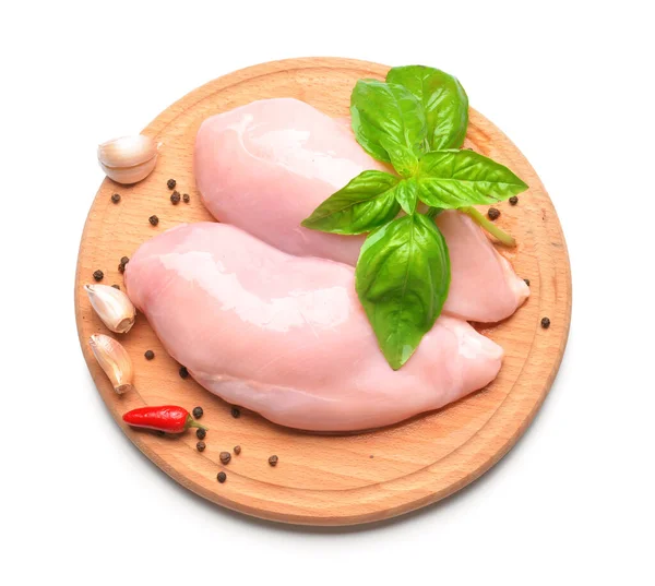 Board Raw Chicken Fillet Basil Spices White Background — Stock Photo, Image