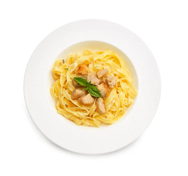 Plate Tasty Pasta Chicken White Background — Stock Photo, Image