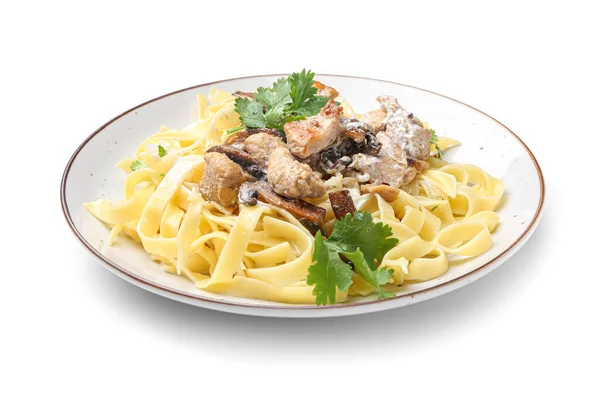Plate Tasty Pasta Chicken Mushrooms White Background — Stock Photo, Image