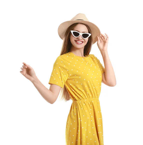 Vacker Kvinna Med Snygga Solglasögon Vit Bakgrund — Stockfoto