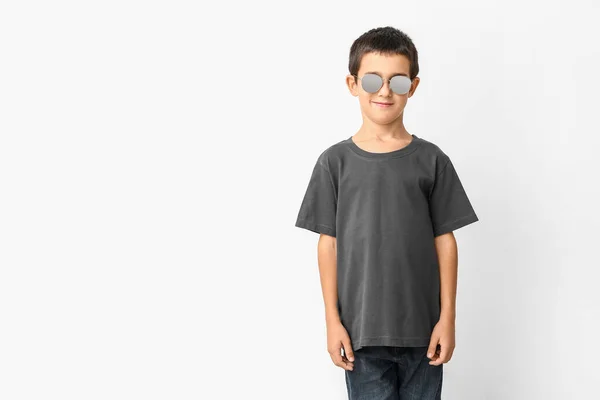 Cute Boy Wearing Stylish Sunglasses White Background — Stock Photo, Image