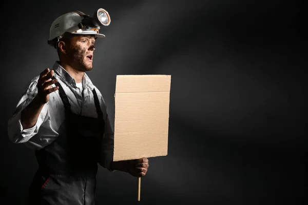 Protesting Miner Man Placard Dark Background — Stock Photo, Image