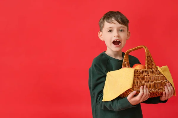 Cute Little Boy Holding Basket Apples Color Background — Stock Photo, Image