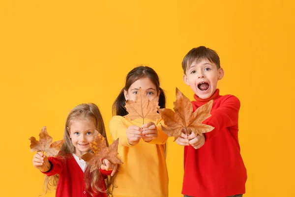 Lindos Niños Pequeños Con Hojas Otoño Sobre Fondo Color — Foto de Stock