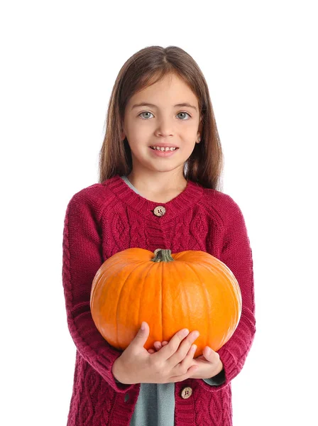 Cute Little Girl Autumn Clothes Pumpkin White Background — Stock Photo, Image