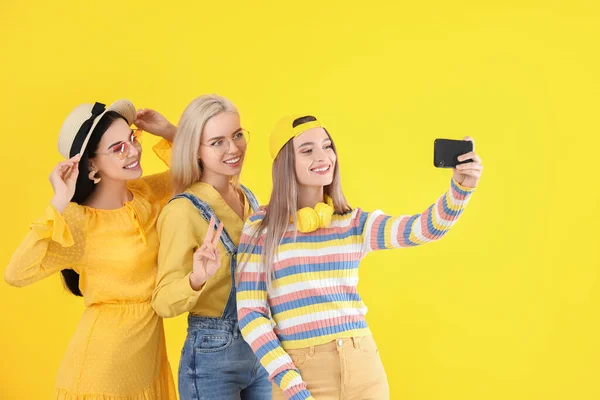 Beautiful Young Women Taking Selfie Color Background — Stock Photo, Image