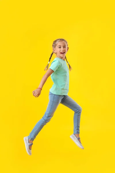 Jumping Little Girl Color Background — Stock Photo, Image