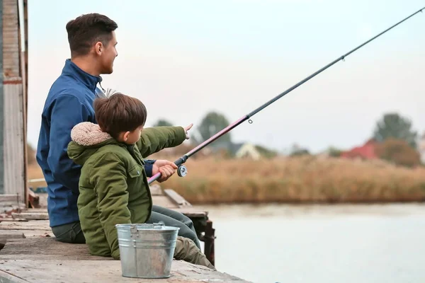 Little Boy His Father Fishing River — Stock Photo, Image